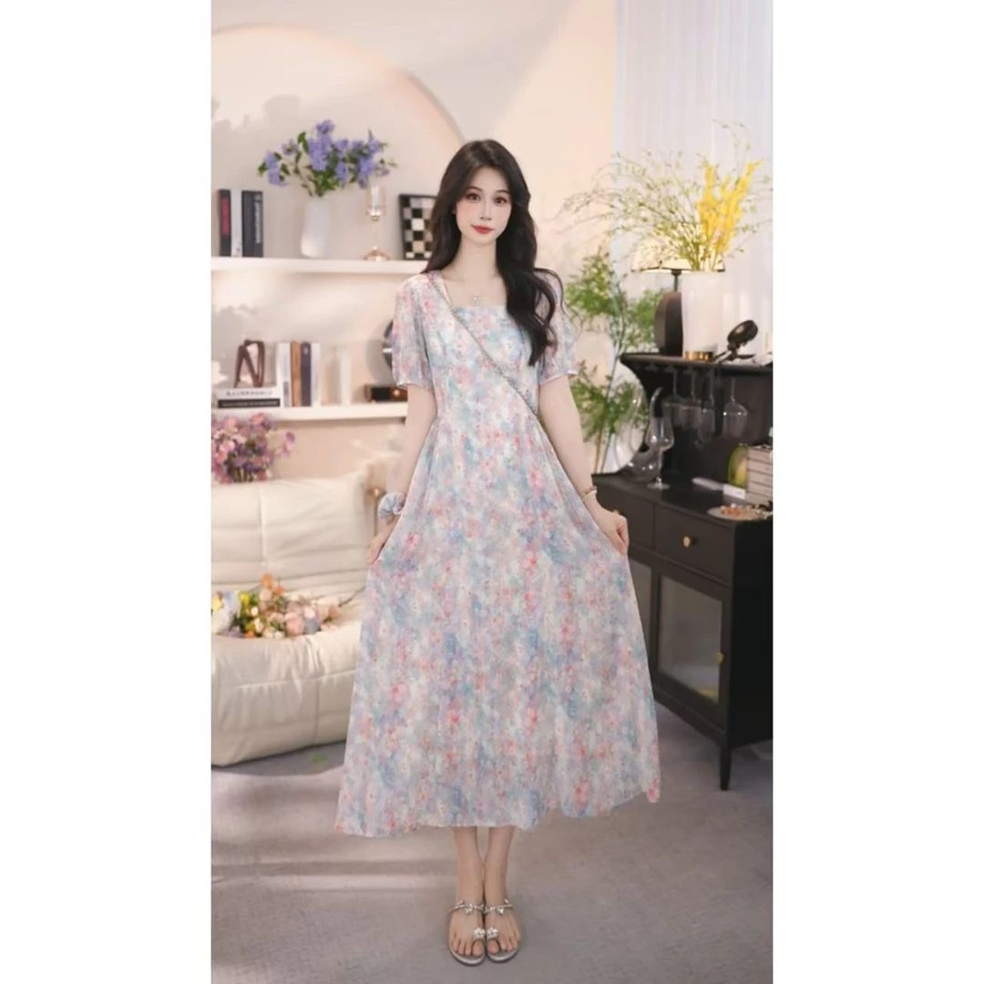 【有口袋】爱丽丝仙境温柔碎花连衣裙女夏季收腰显瘦方领a字裙1518