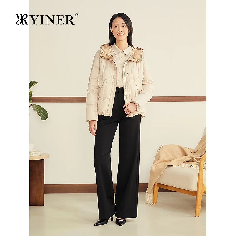 YINER音儿2025冬季新款棉感纱柔光缎面压胶撞色小龟背茧型羽绒服