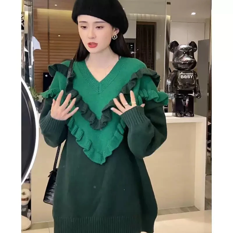 女宽松套头款毛针织衫洋气绿色荷叶边百搭时尚长袖翻领打底衫