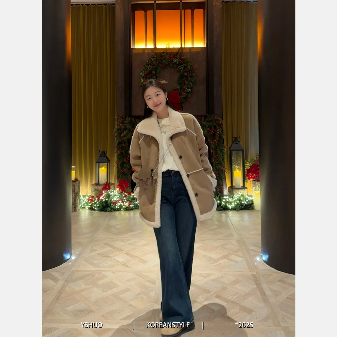 YSHUO【卡布奇诺】立领时髦分割线加绒厚实宽松百搭保暖外套 9885