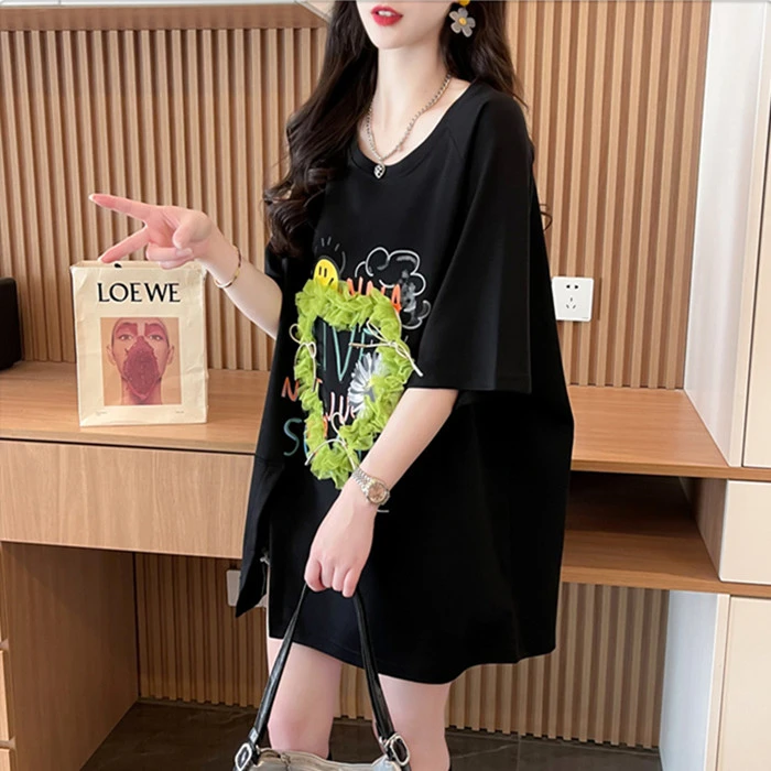 2025新款欧货胖mm大码女装洋气大版中长款纯棉短袖网纱拼接t恤女