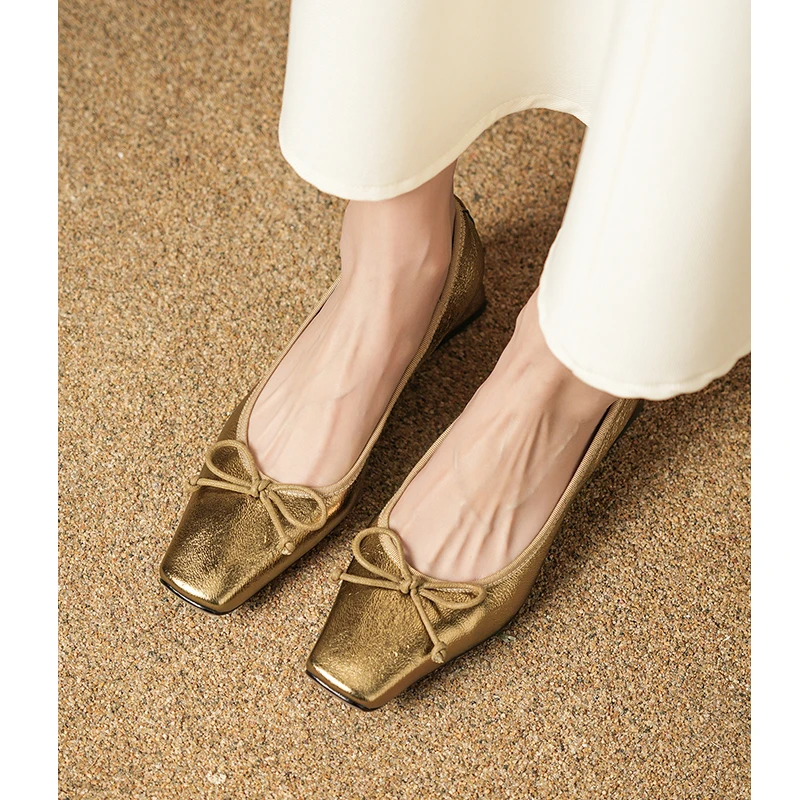 Kmeizu法式单鞋女新款羊皮金色方头蝴蝶结芭蕾舞鞋中跟小皮鞋瓢鞋