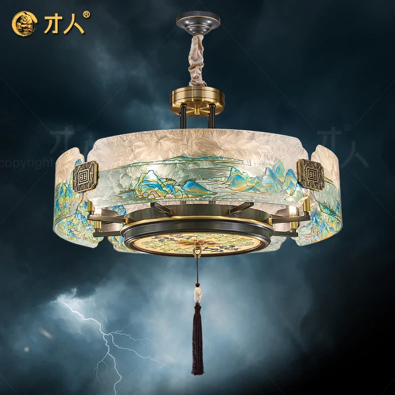 才人 新中式珐琅彩全铜吊灯 别墅客厅灯现代餐厅书房灯具大气