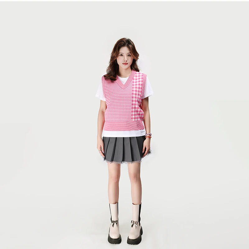 RAQMJ32585拼接格子马甲短款针织衫毛衣女初春新款
