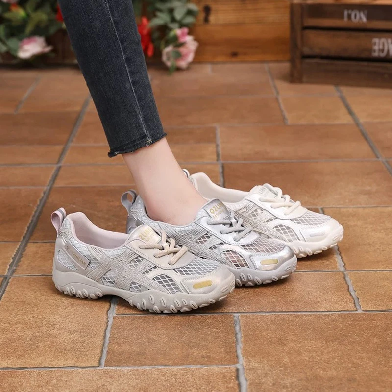 内增高德训鞋女2025夏季新款鞋子网面透气真皮厚底爆款运动休闲鞋