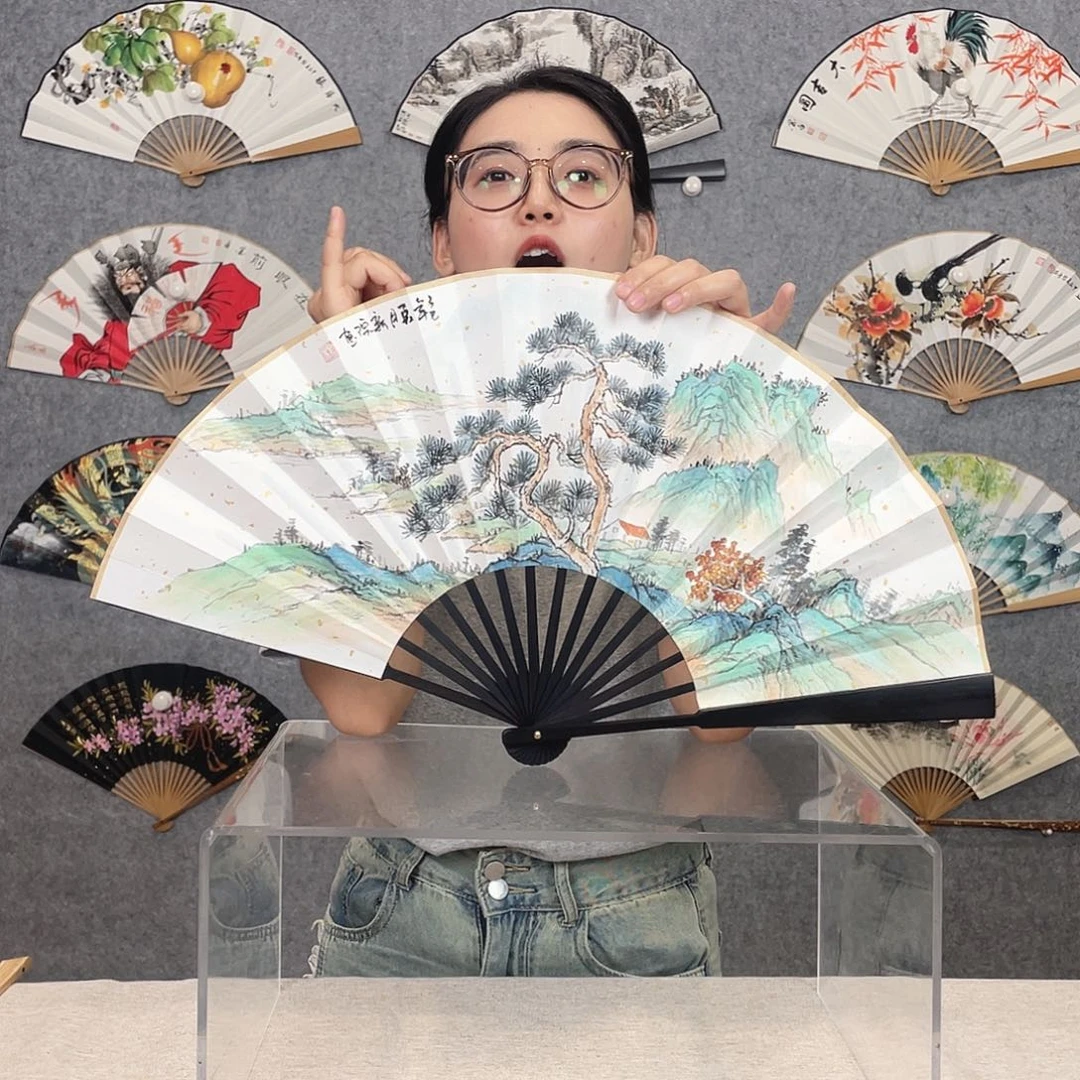 国画10寸-仿乌木福利折扇（默认粘好）