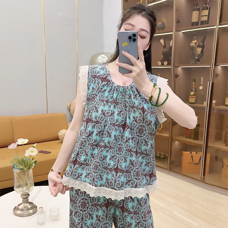 【Dating专属】 蒂芙尼蓝 夏季短袖短裤睡衣上衣长裤三件套装