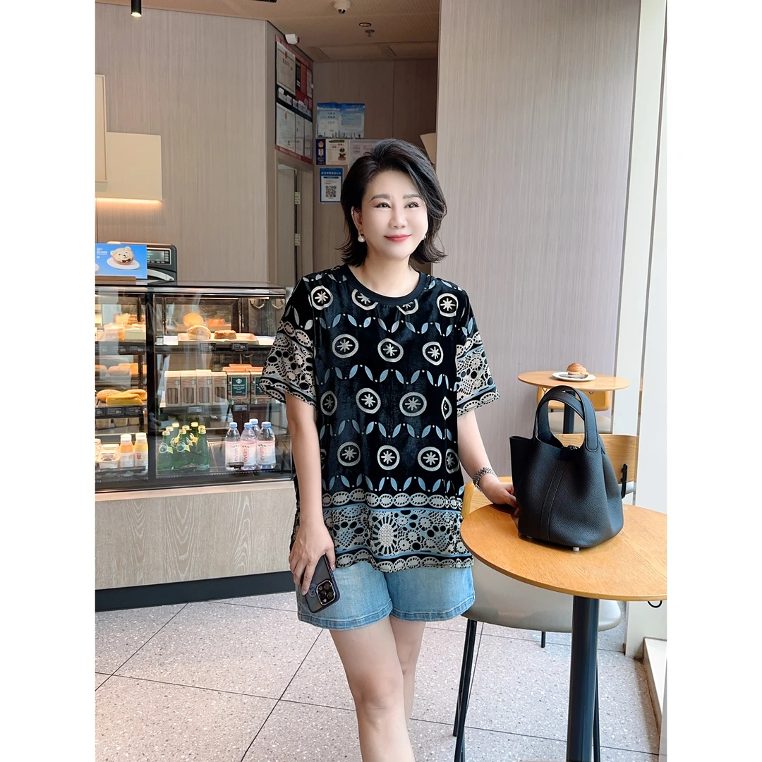 微胖女装【窗影花】定制高级感丝绒烧花印花开叉上衣夏季短袖983