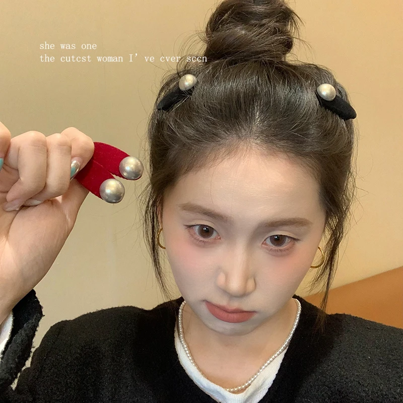 小香风丝绒珍珠碎发夹女前额碎发夹子侧边发卡发饰鸭嘴夹秋冬头饰