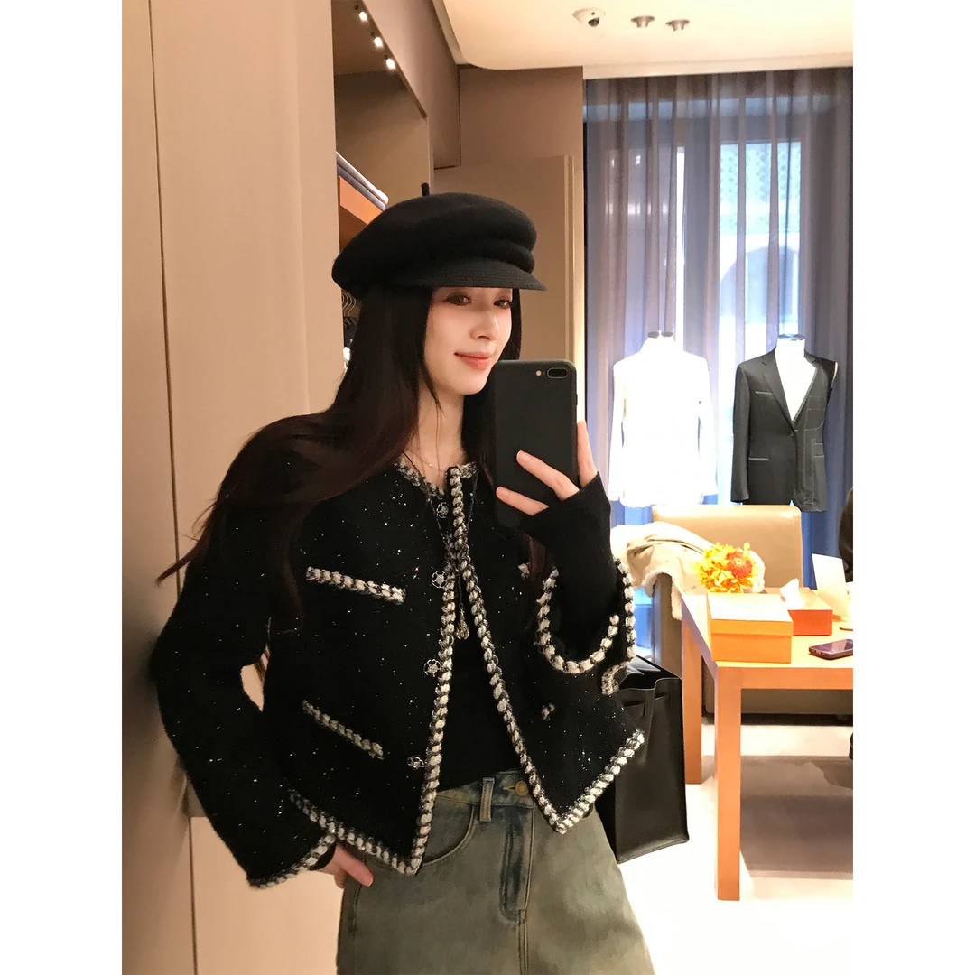 夏诗文 绵羊毛亮片撞色织带夹棉外套女冬H型短款廓形奢感圆领汉服