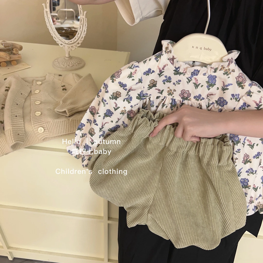 【现现】秋款女童气质刺绣针织开衫儿童时尚碎花上衣花苞裤套装