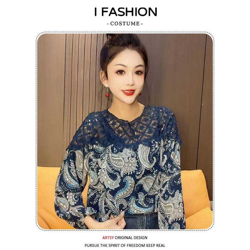 慵懒风时尚宽松雪纺衫女2025年夏季新款显瘦蕾丝拼接波点长袖上衣