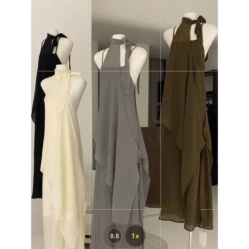 十三行夏装新款无袖挂脖不规则长款宽松吊带上衣连衣裙女两件套装