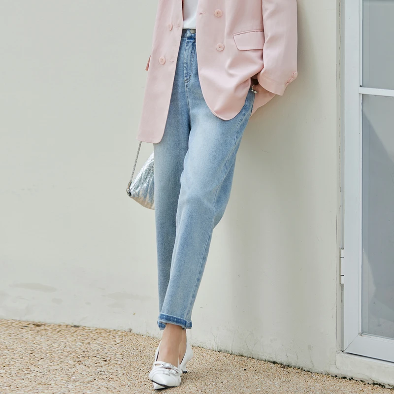 风笛2025小个子新款浅蓝显瘦高腰牛仔裤九分显瘦百搭通勤哈伦裤女