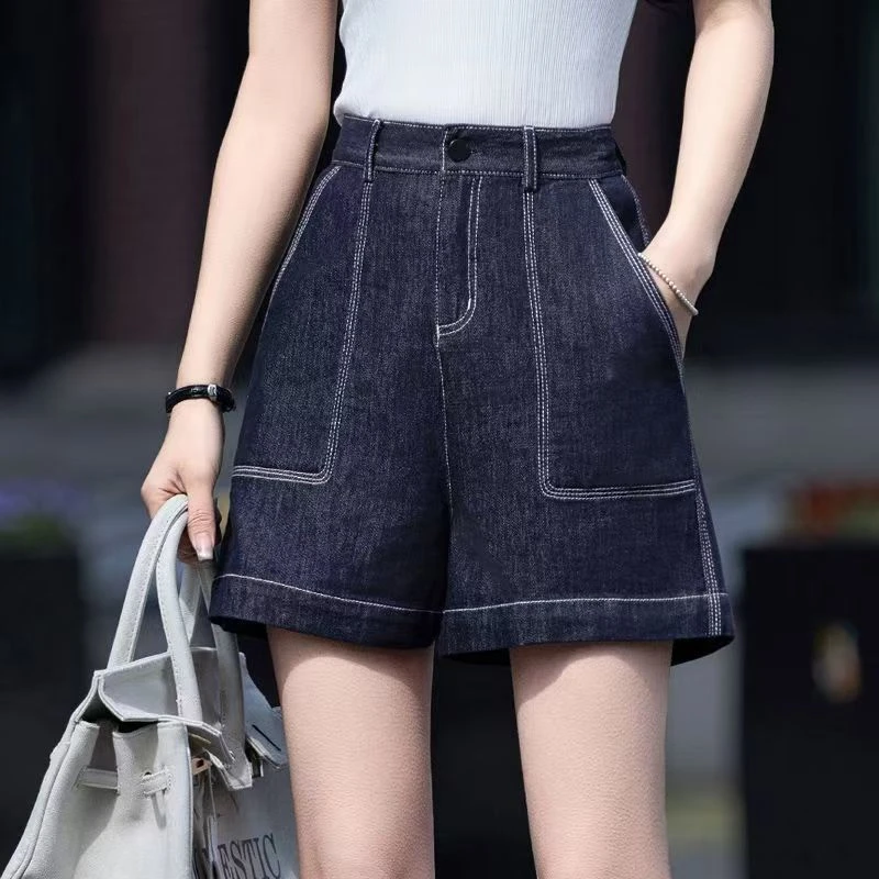 2025新款丹宁蓝牛仔裤女夏季高腰设计感宽松阔腿a字型薄款短裤潮