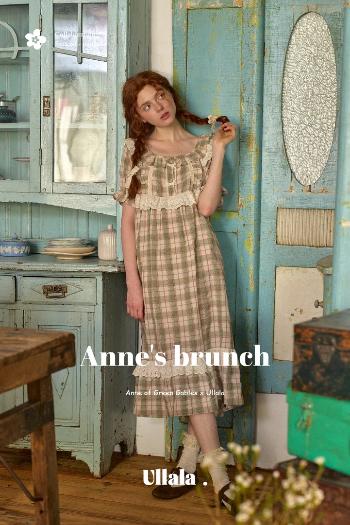 ULLALA韩国品牌进口睡衣家居服方领长裙拼接格纹裙短袖甜美25007