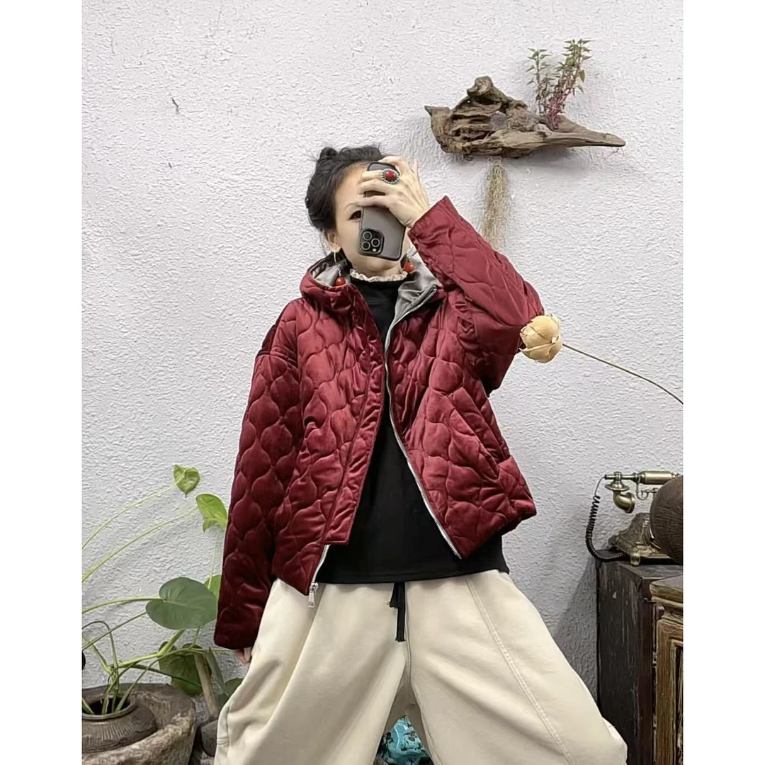 8123夹棉帽衫金丝绒菱形压棉拉链棉袄外套（长57胸围140