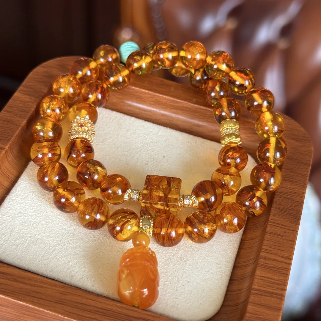 事业珠宝花珀10左右双圈搭配蜜蜡貔貅498