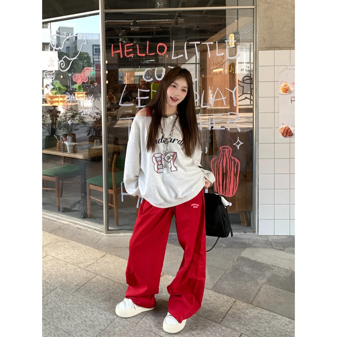 ANDEARDI拼接假两件刺绣休闲裤早春宽松百搭阔腿拖地裤