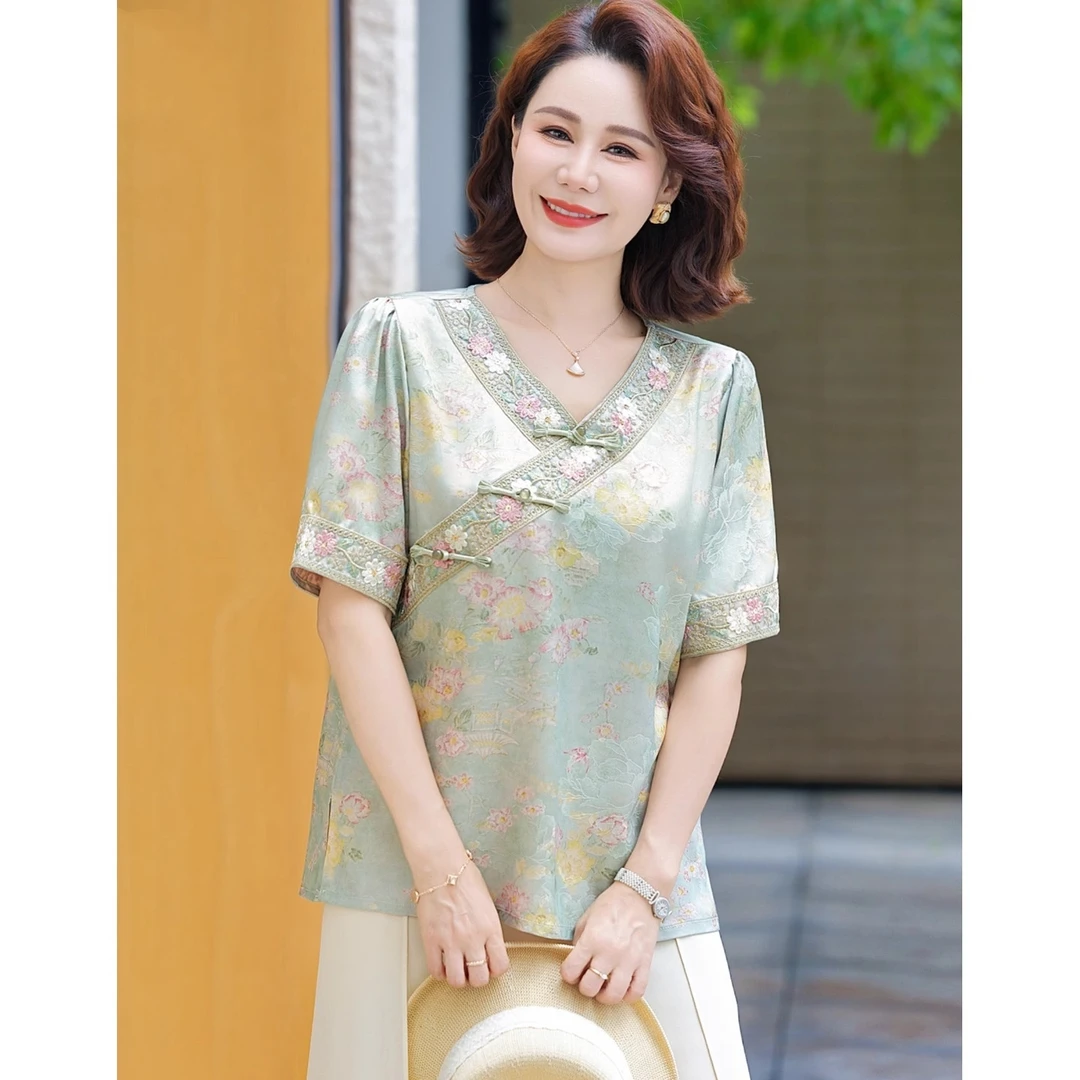 时尚妈妈夏装复古花色V领短袖小衫贵夫人新中式上衣中老年女装T恤