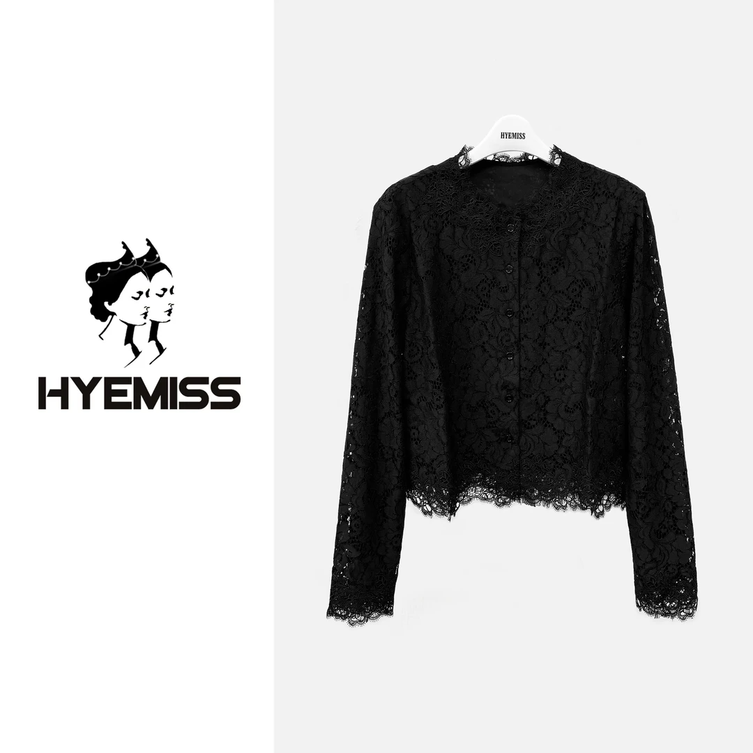HYEMISS棉蕾丝气质端庄时尚宽松遮肉圆领系扣短款上衣BA250238