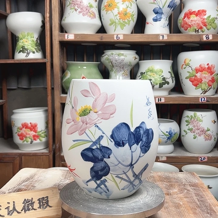 摆件但盆青花荷花新款陶瓷大微