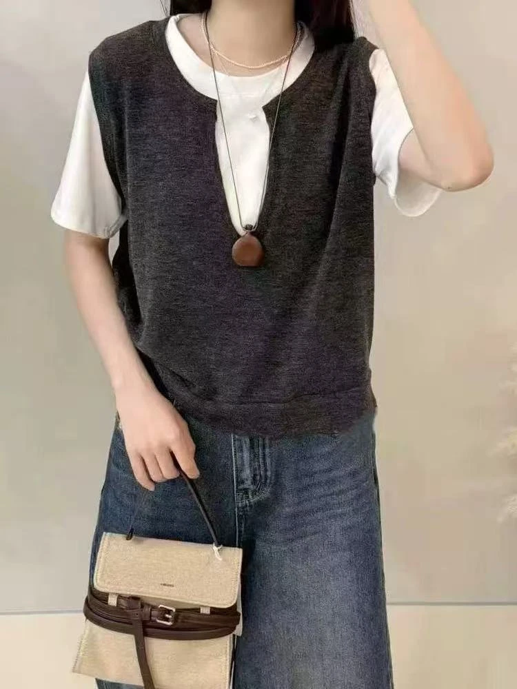 8367-1-BQ灰色拼接假两件短袖上衣（80-135）