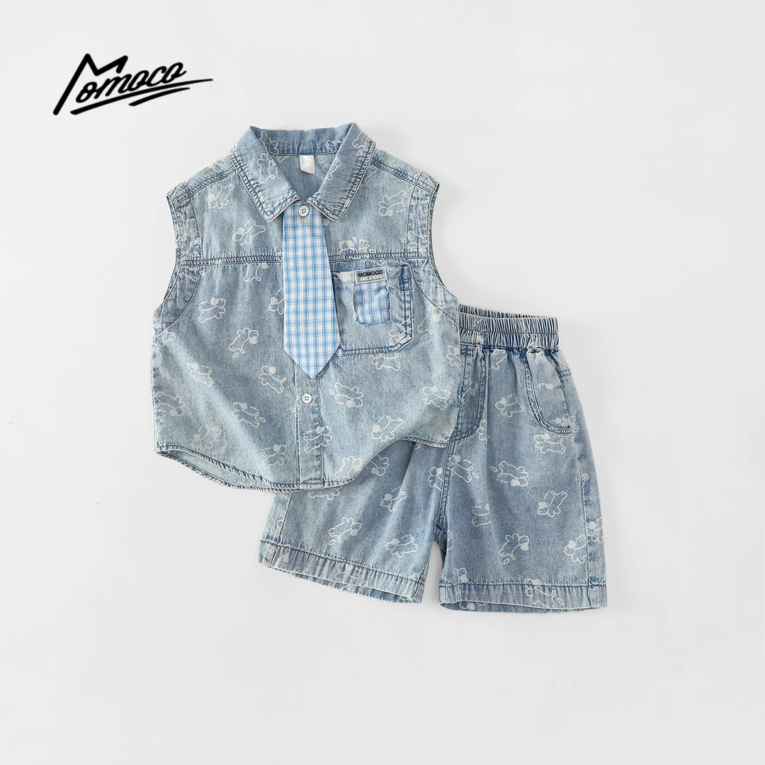 MOMOCO夏季男童无袖牛仔套装牛仔背心领带满印三件套77230578356