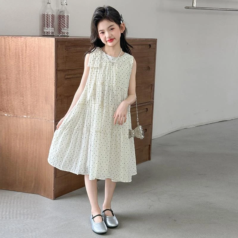 女大童夏季连衣裙2025新款小女孩洋气甜美背心裙初中生波点公主裙