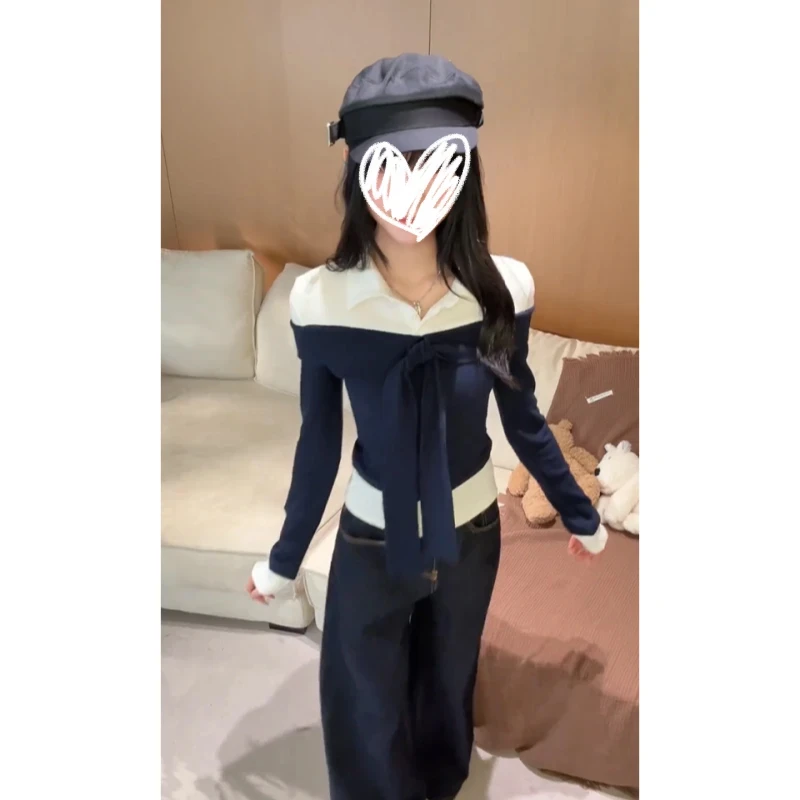 网红时尚炸街撞色polo领针织长袖T恤女装秋季修身显瘦打底衫上衣