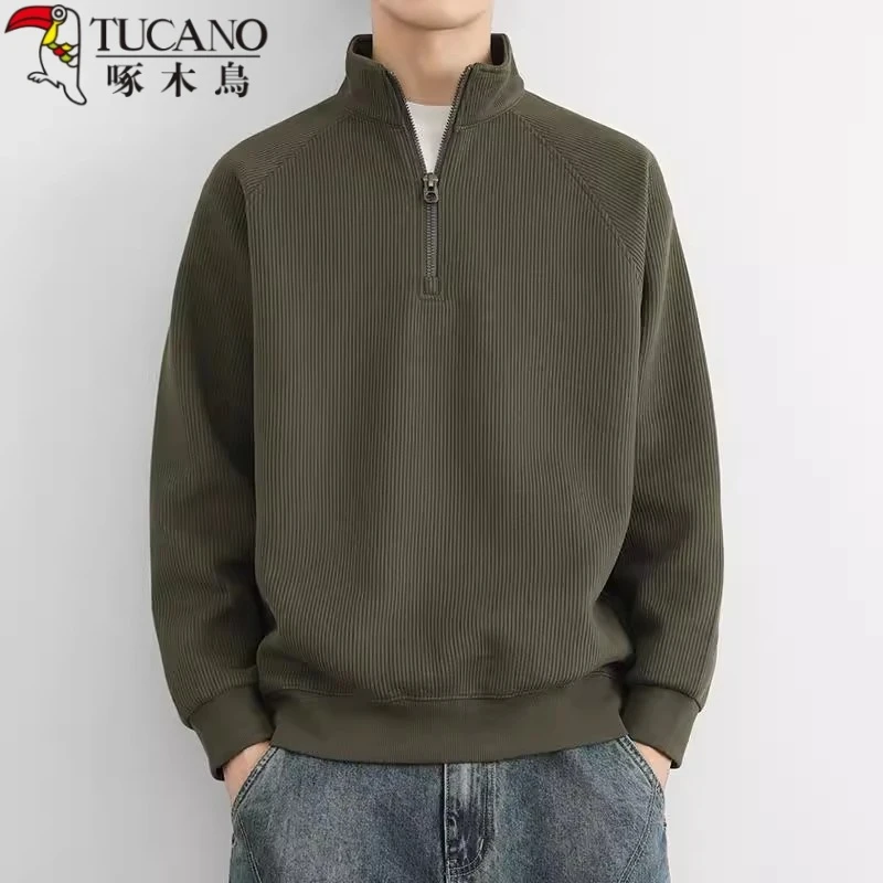 啄木鸟半拉链立领卫衣男士2025新款春秋冬季加绒厚纯色休闲外套