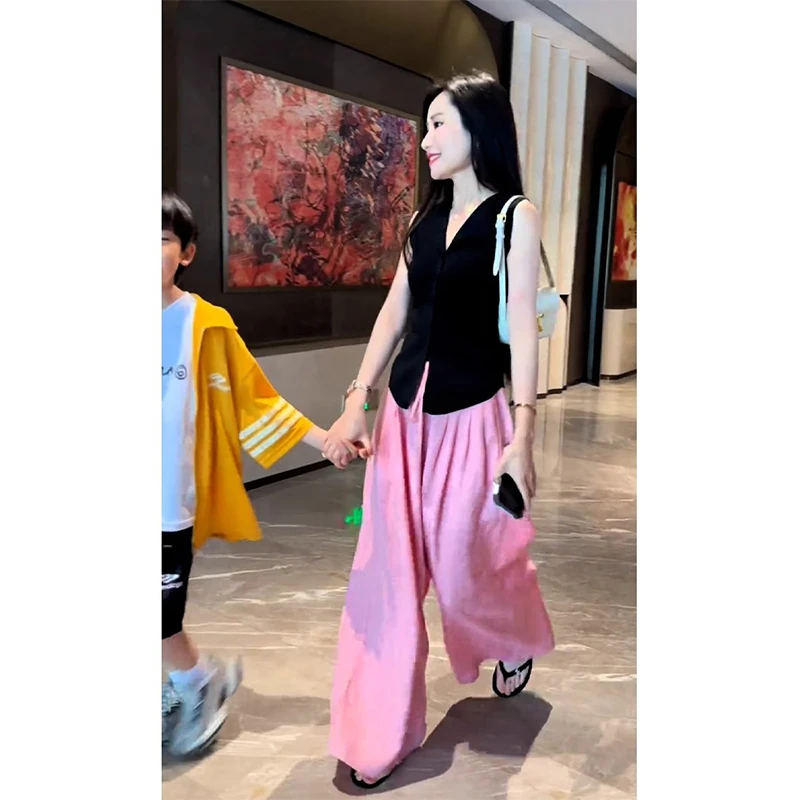 夏日绝美清冷松弛感穿搭粉色亚麻阔腿裤两件套装夏季女装2025新款