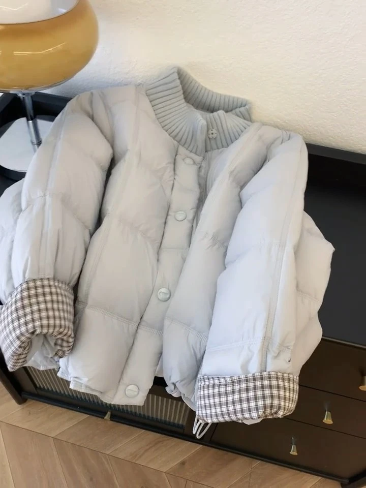 温柔减龄蓝色针织拼接立领棉服女2025冬季宽松休闲保暖面包服外套