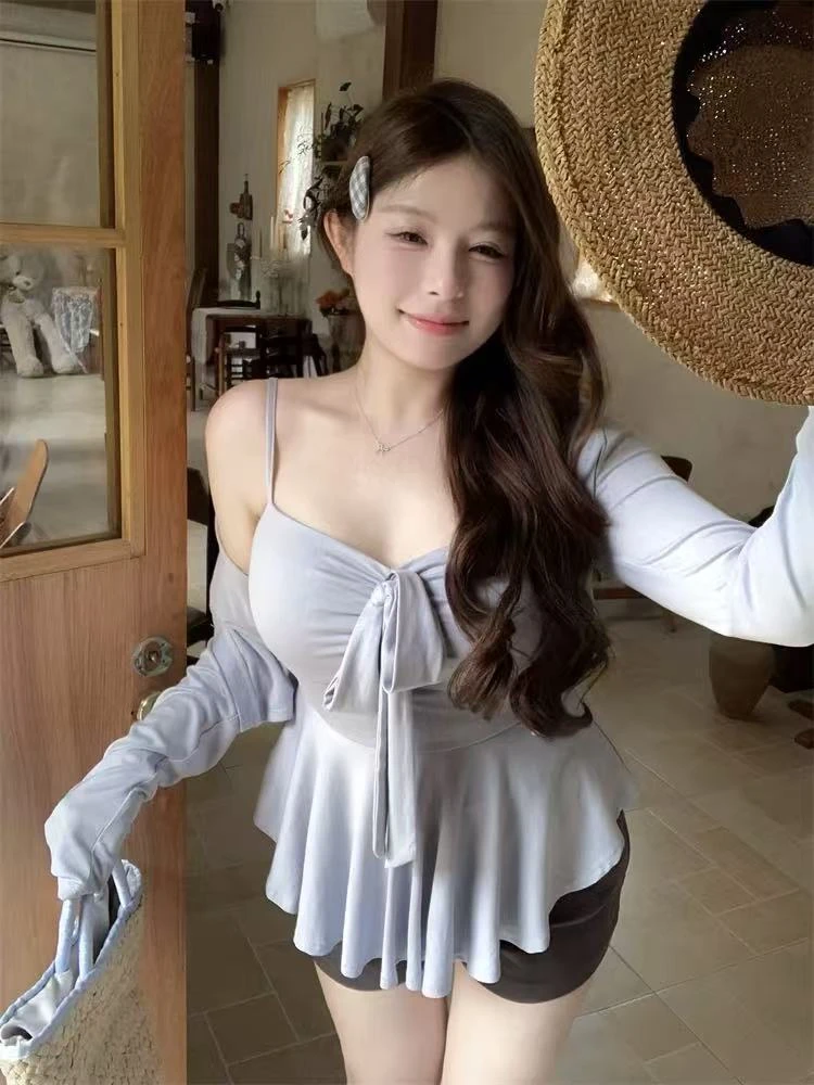 HeXia纯欲风性感褶皱下摆抹胸开衫套装