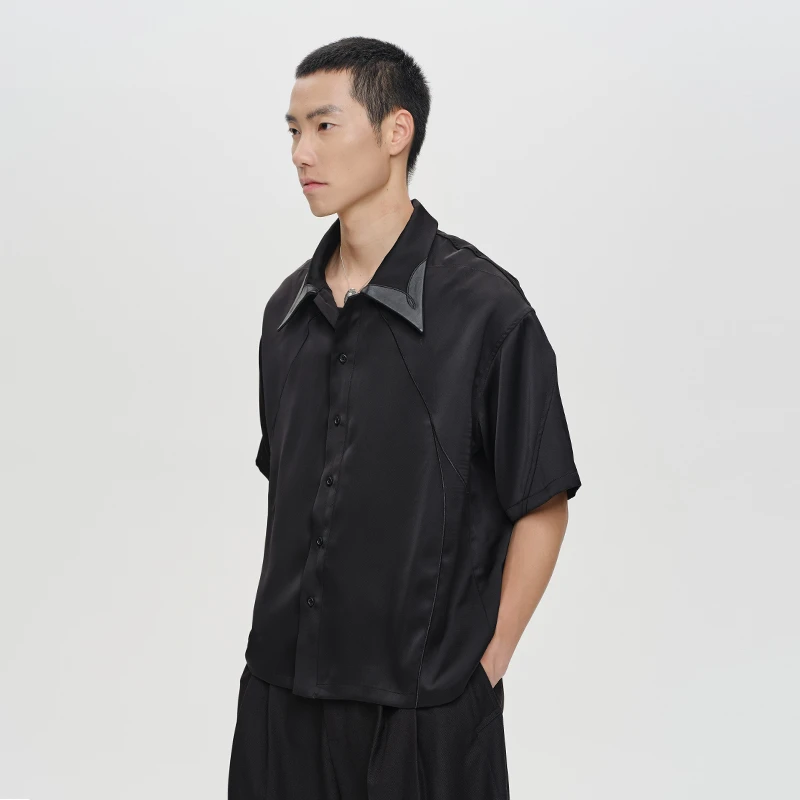 CATSSTAC花苞羊皮领短袖衬衫夏季休闲黑色宽松潮流