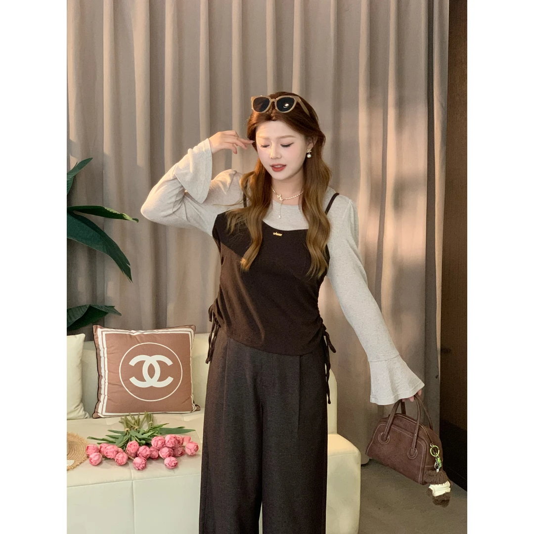 楠序迪迪微胖女装2025秋季显瘦气质时尚拼接假两件小衫女DD11060