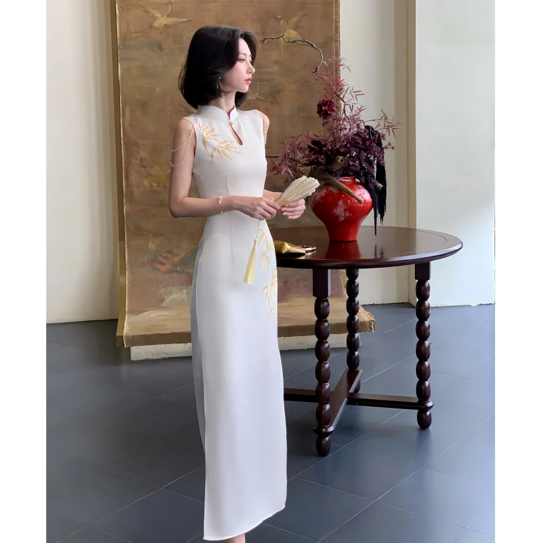 【大晶定制】“金竹”无袖新中式手绘工艺竹叶水滴领旗袍-DJ10191