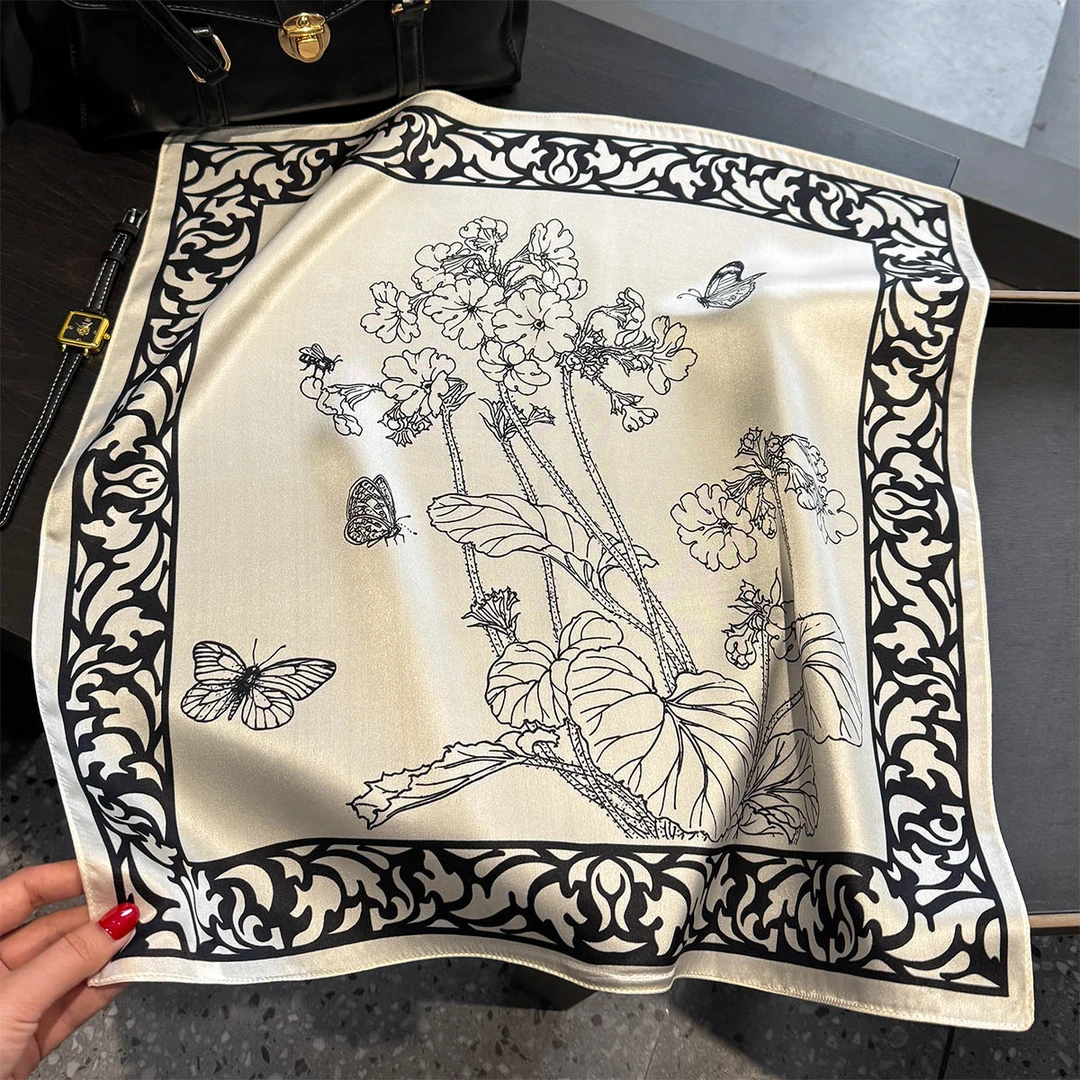 复古国风印花蝴蝶真丝小方巾气质百搭职业领巾多公能丝巾