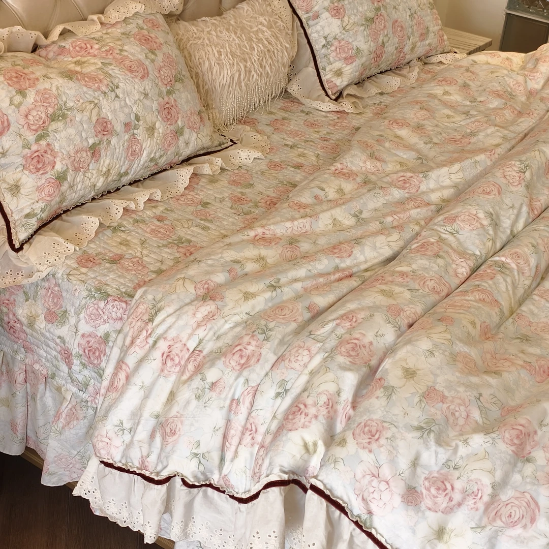 小冲冲【步步生花】法式浪漫印花全棉床盖款四件套四季可用