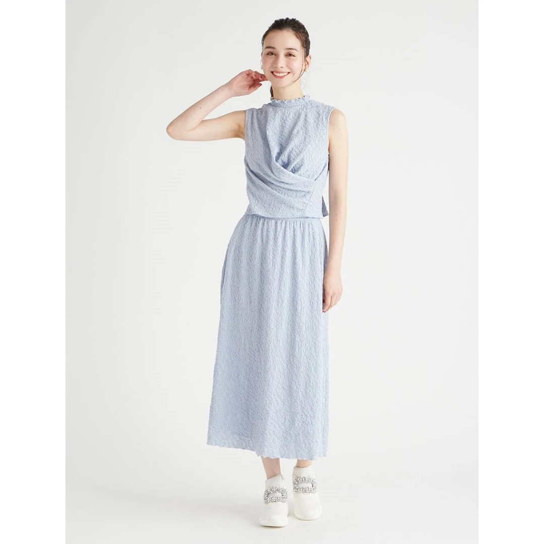 【DD外贸】春季新款 C 优雅纹理提花褶边无袖上衣半身裙套装休闲