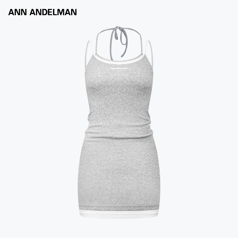 ANN ANDELMAN灰色无袖修身挂脖包臀短裙假两件吊带连衣裙