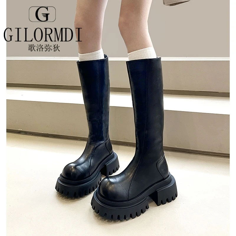 大头厚底不过膝长靴女2025年秋冬新款甜酷辣妹增高显瘦高筒骑士靴