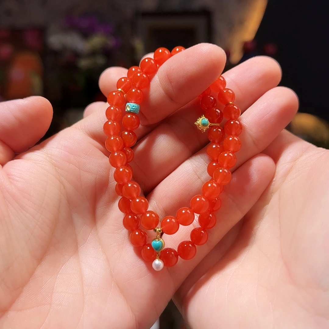 南红玛瑙18K金镶嵌手链7.5毫米