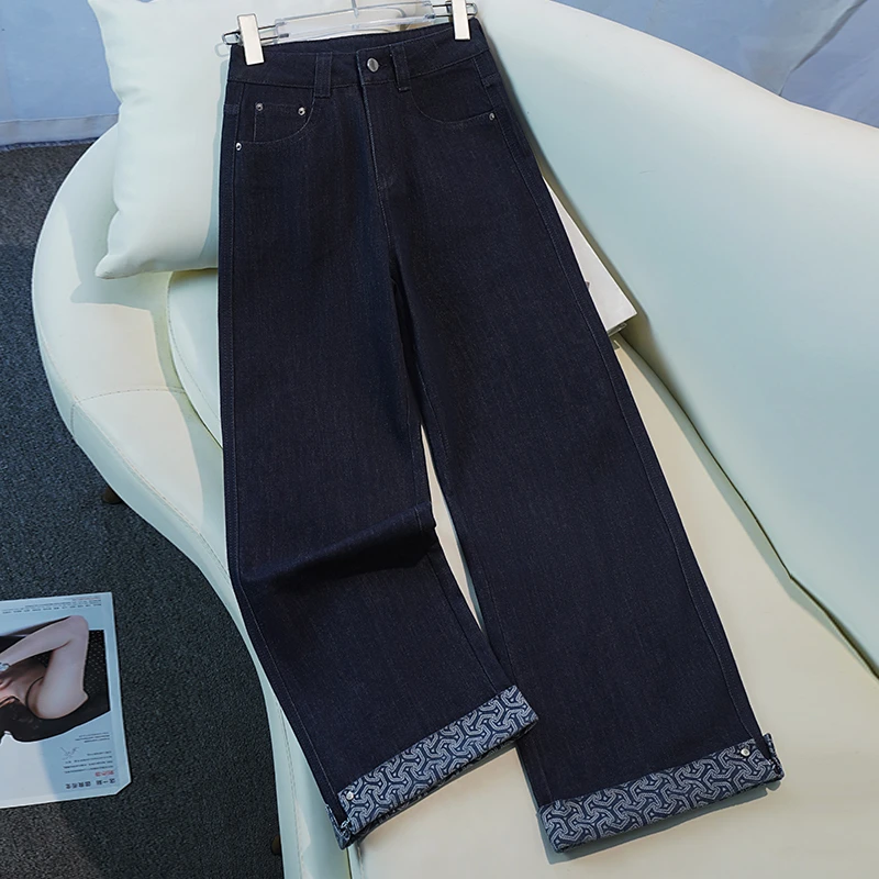 2025新款卷边牛仔裤女士春秋高腰窄版宽松阔腿裤垂感拖地直筒长裤