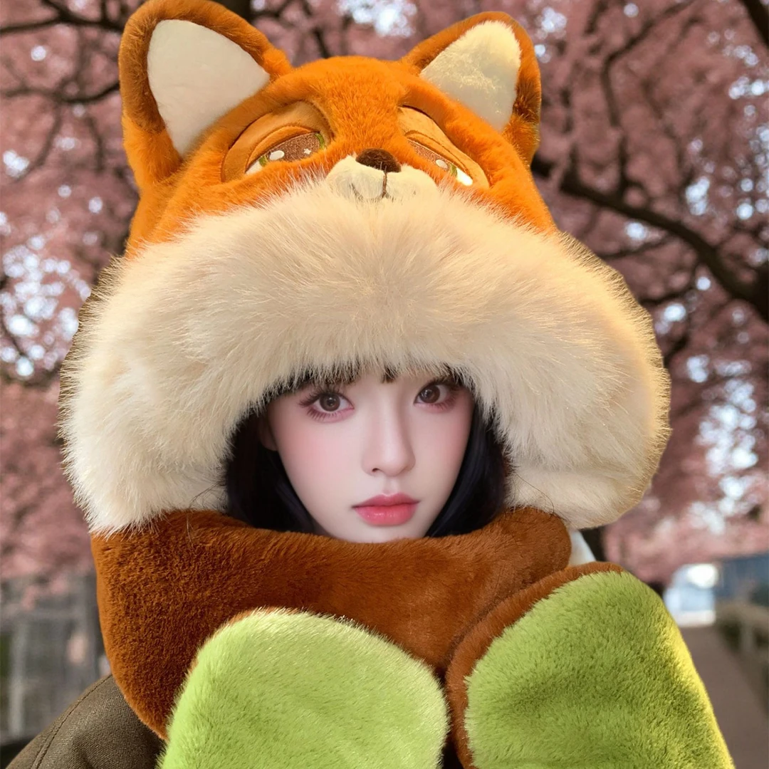 迪士妮狐狸尼克可爱帽子毛绒帽女冬季卡通帽子围巾手套保暖三件套