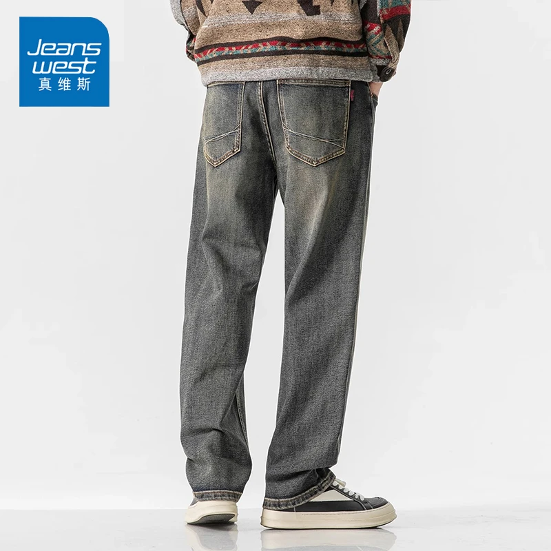 Jeanswest/真维斯美式复古牛仔裤男款秋冬新款宽松百搭直筒裤子男