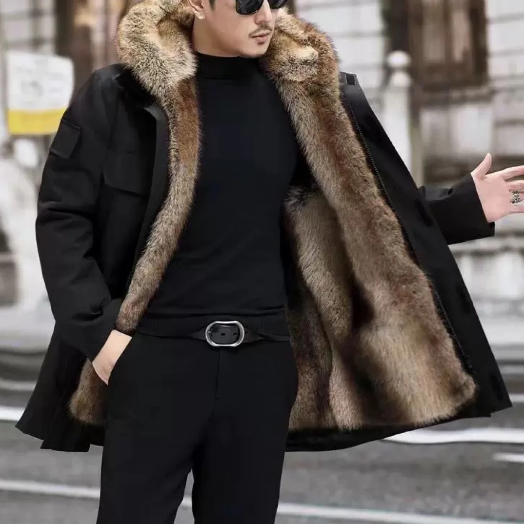 男装派克服秋冬季中长款保暖外套休闲连帽潮流时尚男款