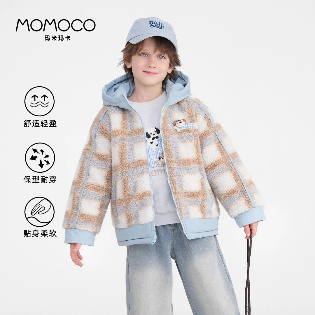 MOMOCO冬季新款儿童时尚可爱小狗格子毛毛外套77430123005