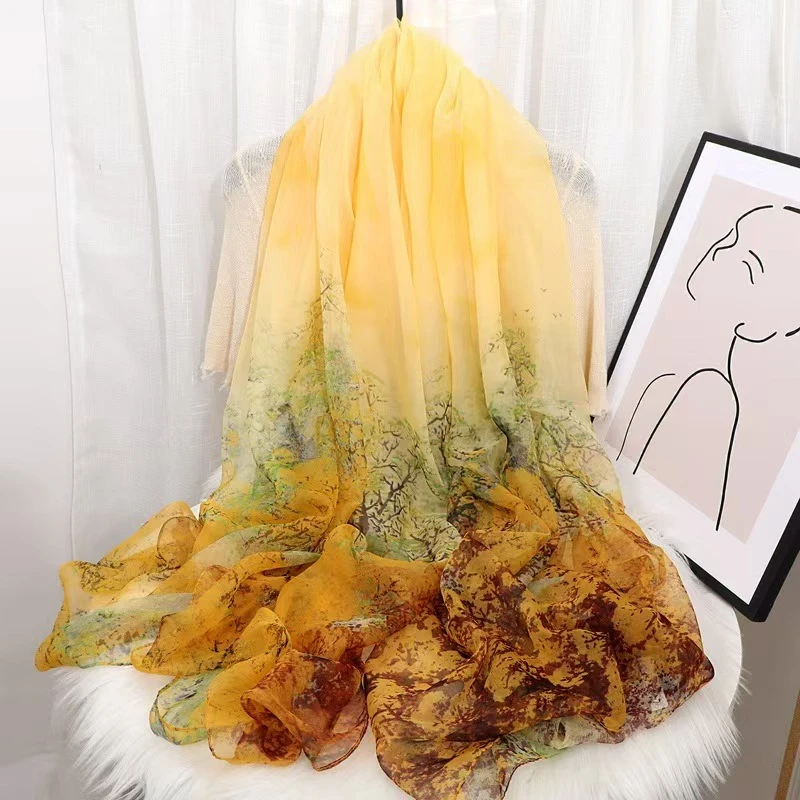 黄色山林高档拼色云朵纱长巾180*120丝巾印花新款洋气围巾百搭