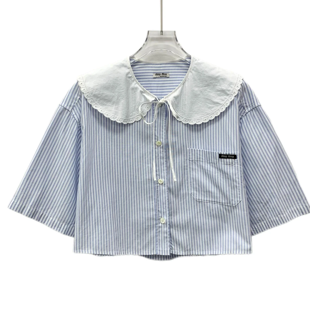 99新 MIU MIU/缪缪  J19147  条纹娃娃领单排扣短袖衬衫 40 M码